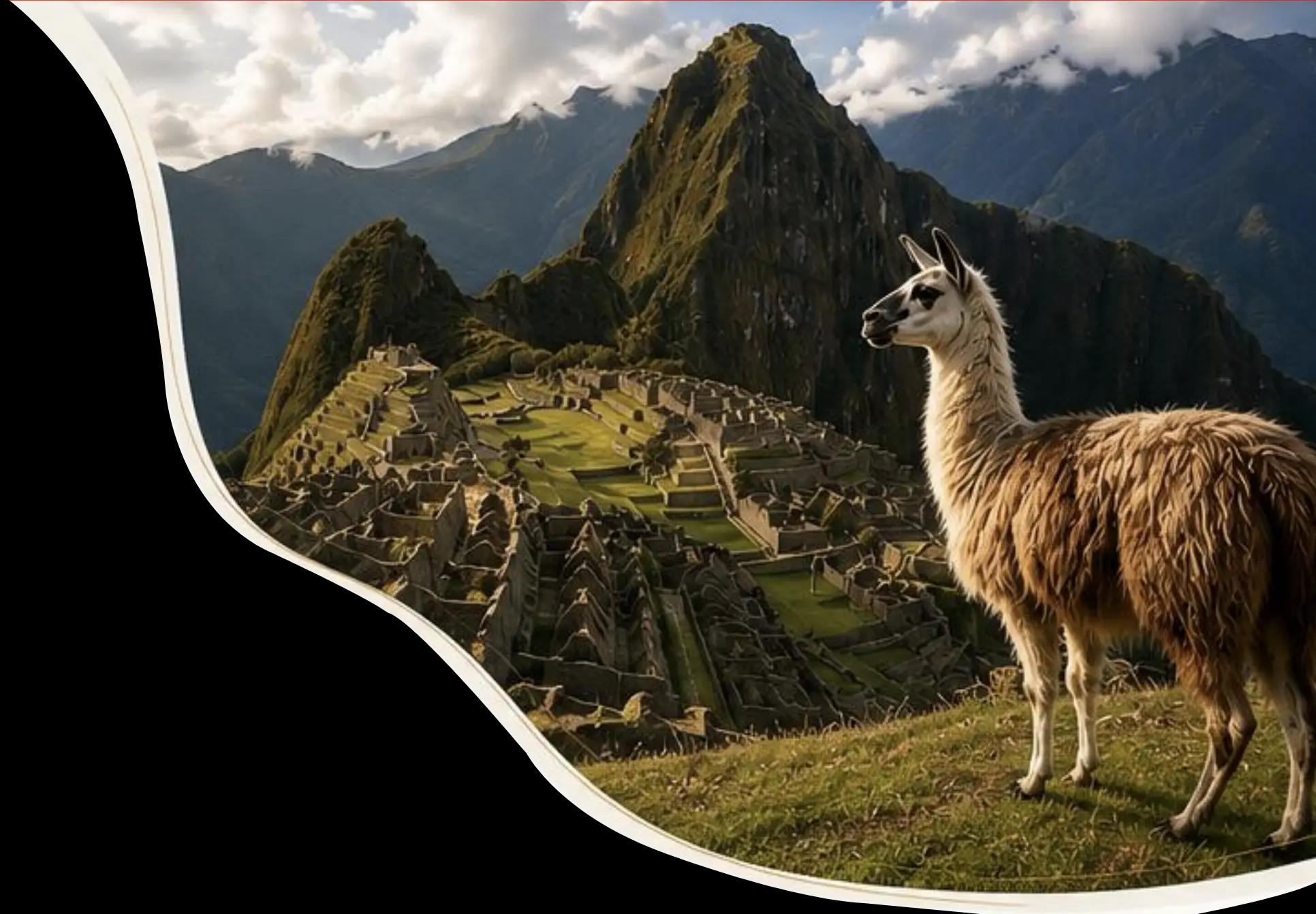 Machu Picchu con una llama en primer plano